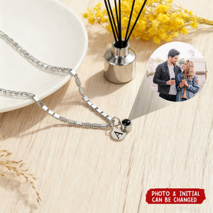 Personalized Engraved Initial Disc Photo Projection Necklace - Birthday Anniversary Gift for Women