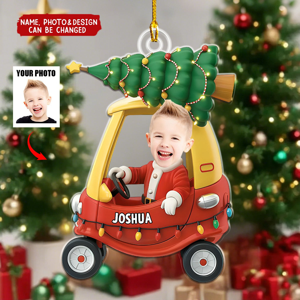 Custom Photo Christmas Kid In Car - Personalized Christmas Acrylic Ornament