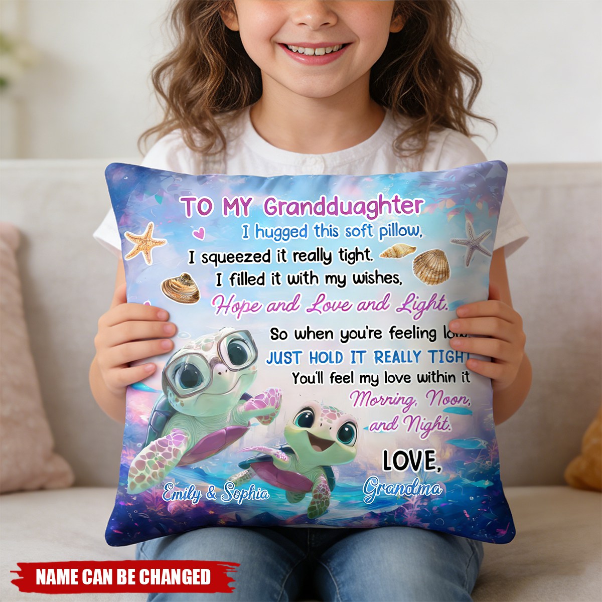 To My Granddaughter, Hugged This Soft Pillow, Turtles And Sea Shells, Custom Pillow