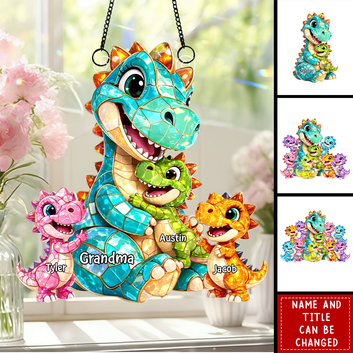 Dinosaur Grandma Grandkids - Personalized Suncatcher - Gift For Mom, Grandma