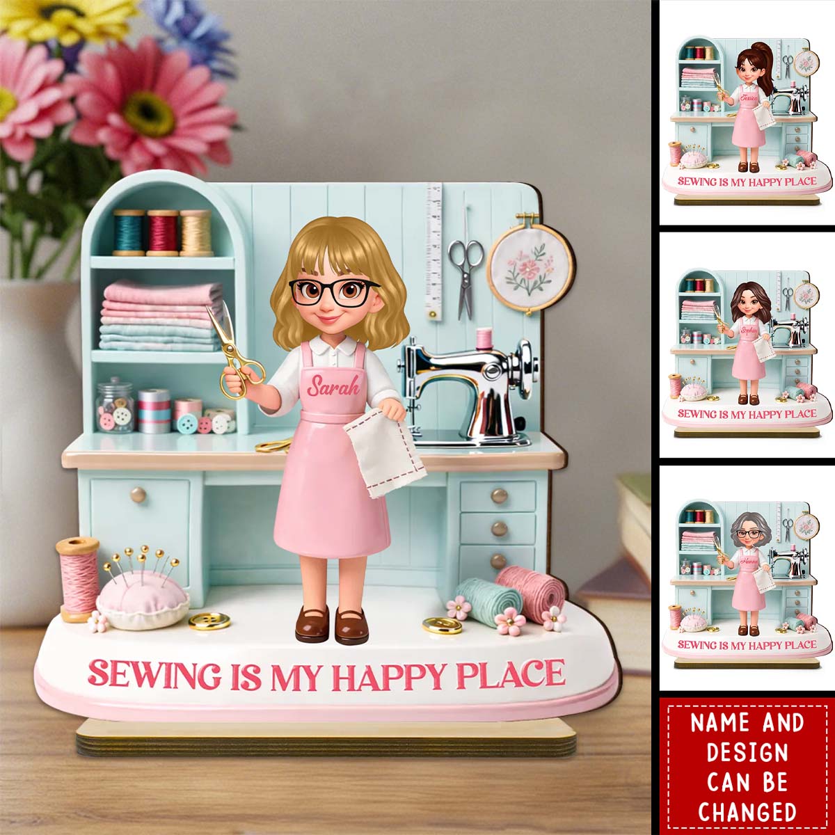 Sewing Is My Happy Place - Personalized 2-Layered Wooden Plaque - Gift For Mom, Grandma