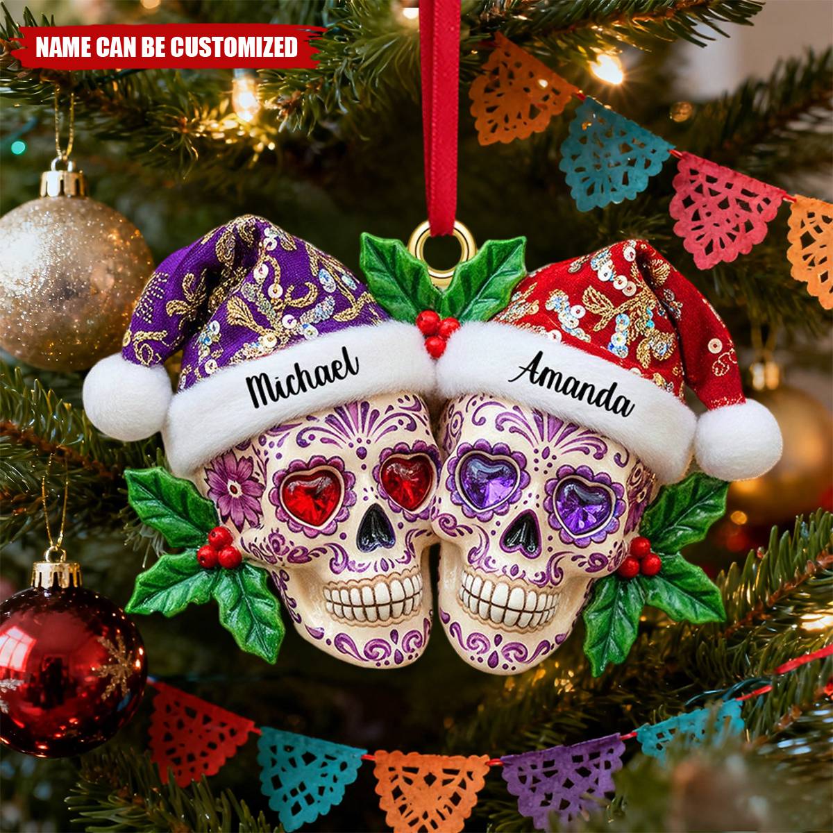 Christmas Dia de Los Muertos Skull Couple - Personalized Acrylic Ornament