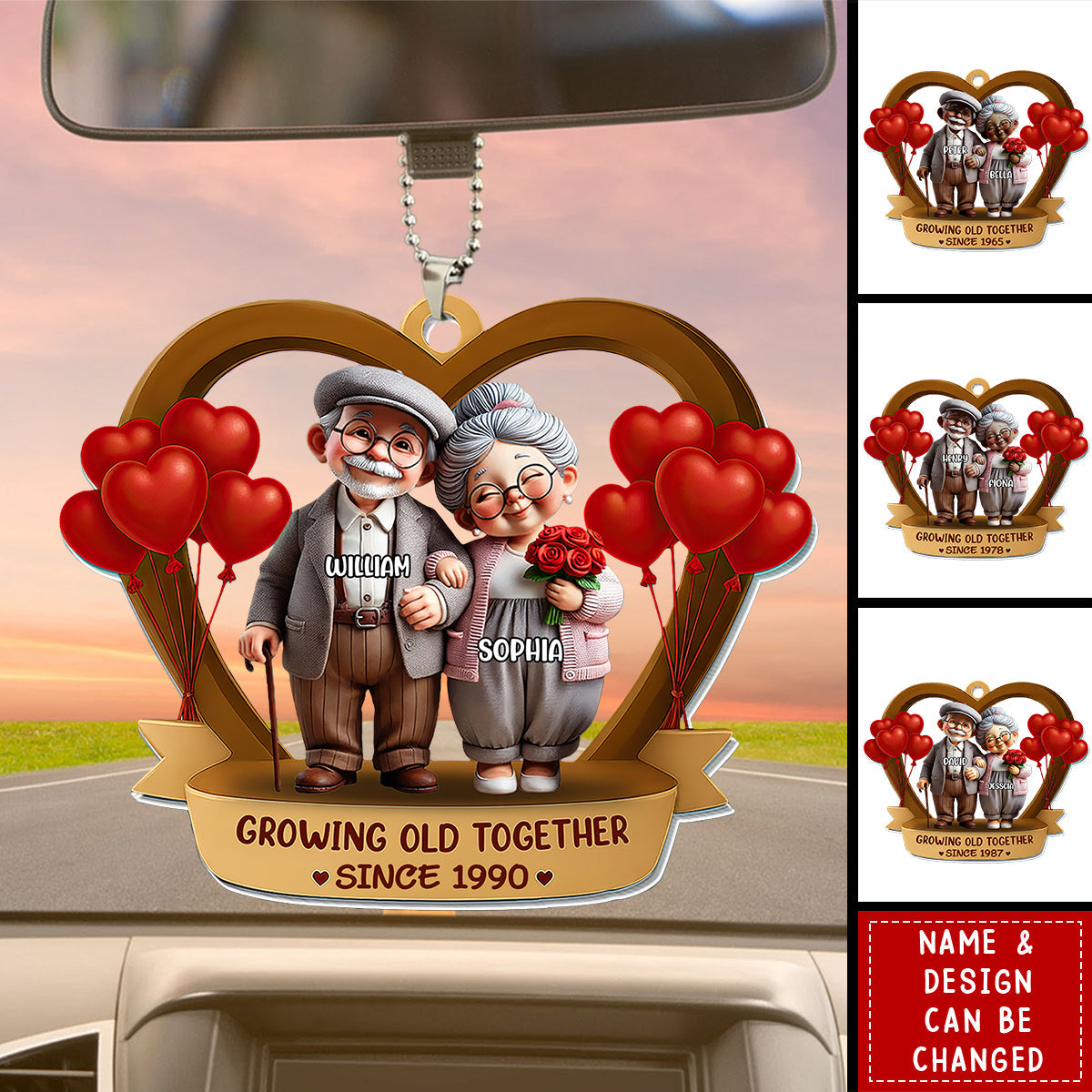 Growing Old Together, Elderly Couple With Hearts And Balloons, Personalized Car Ornament