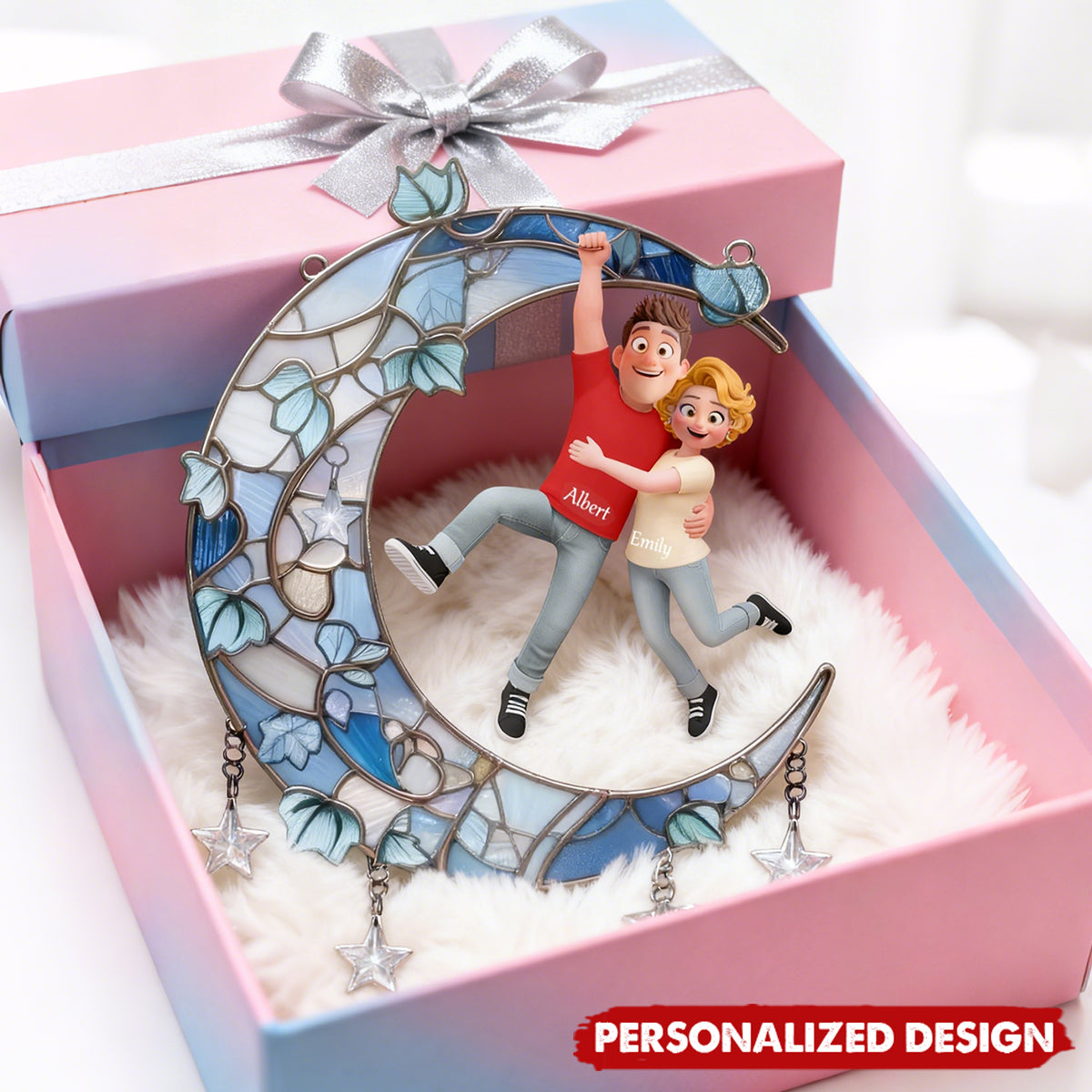 Fun Hanging Couple Moon - Personalized Window Hanging Suncatcher Ornament