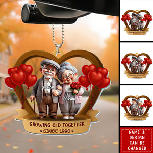 Growing Old Together, Elderly Couple With Hearts And Balloons, Personalized Car Ornament