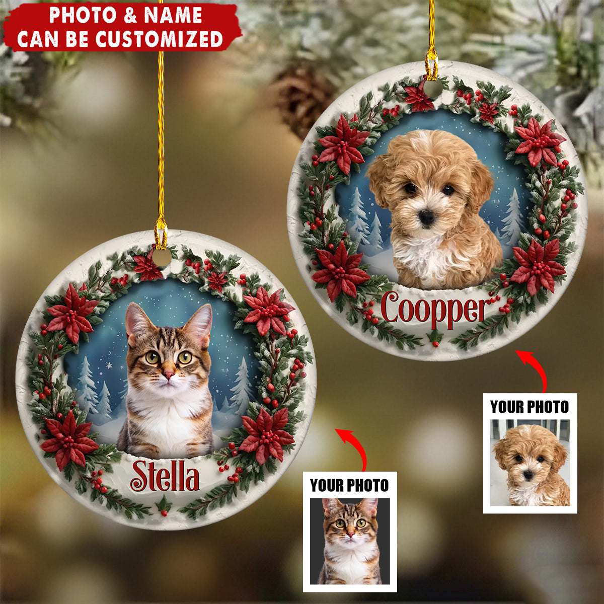 Custom Photo Ceramic Ornament - Personalized Pet Memorial Sympathy Gifts For Dogs, Cats