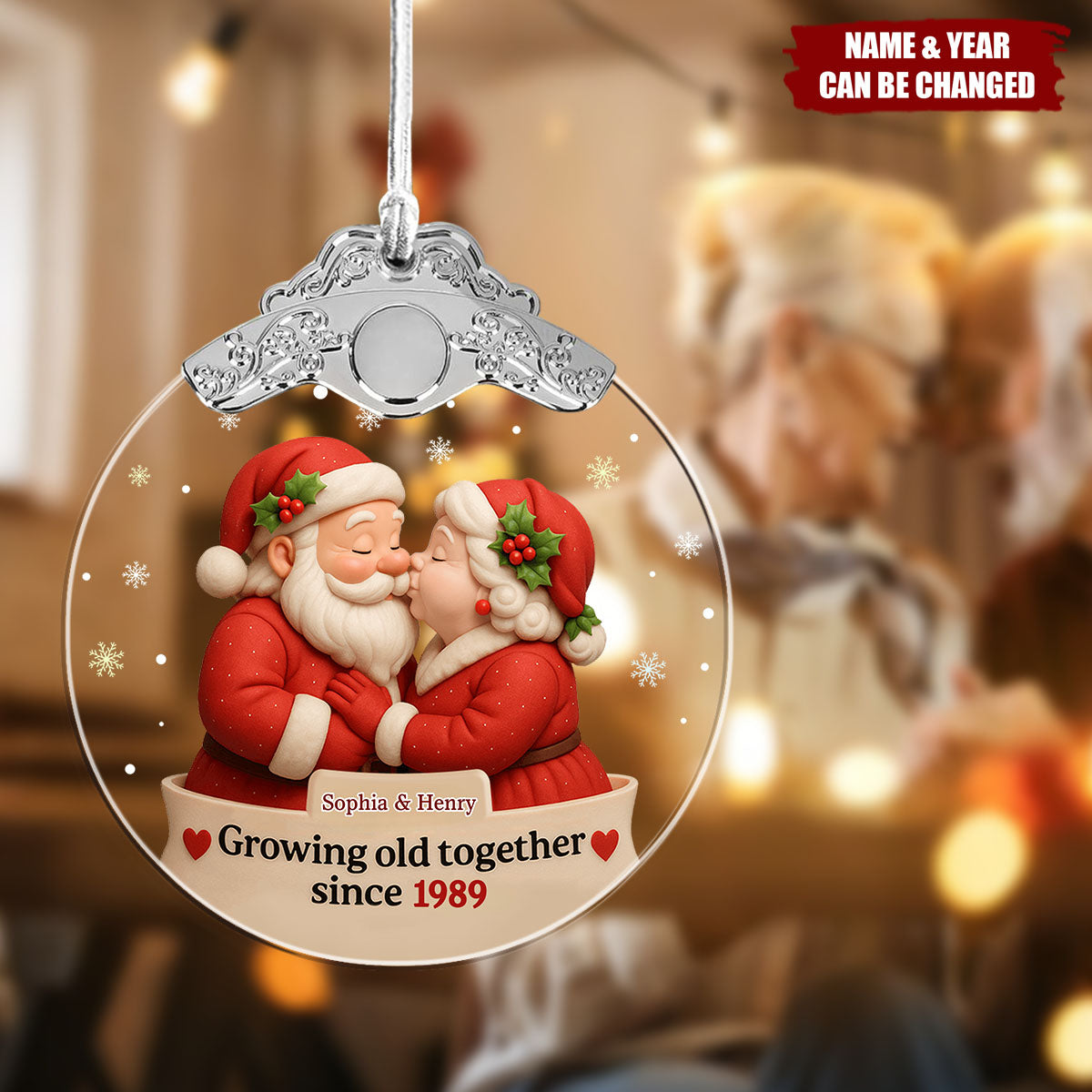 Growing Old Together Santa Claus And Mrs. Claus,Personalized Glass Ornament,Gift For Couples And Grandparents