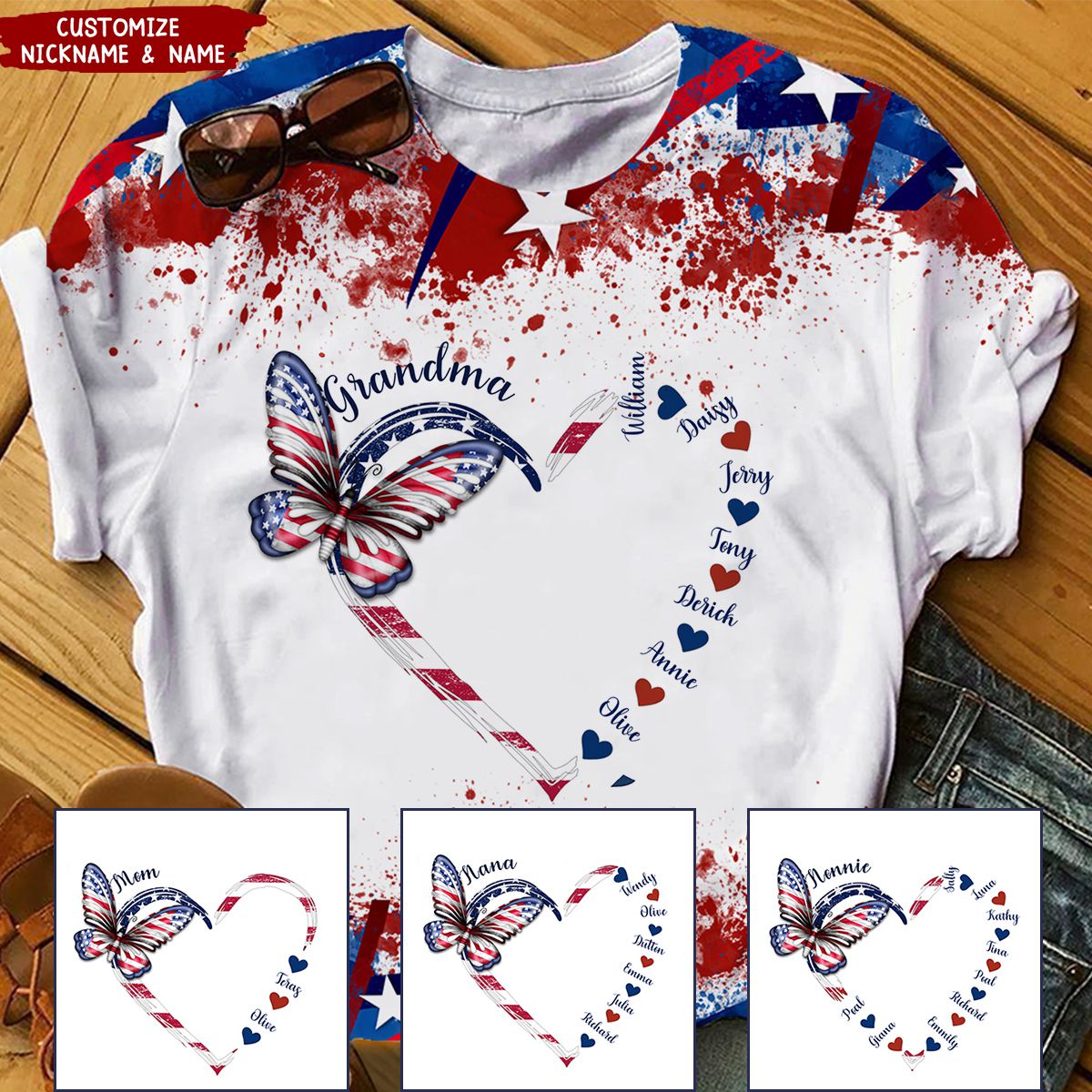 Heart Kids Butterfly Grandma 4th of July Personalized 3D T-shirt