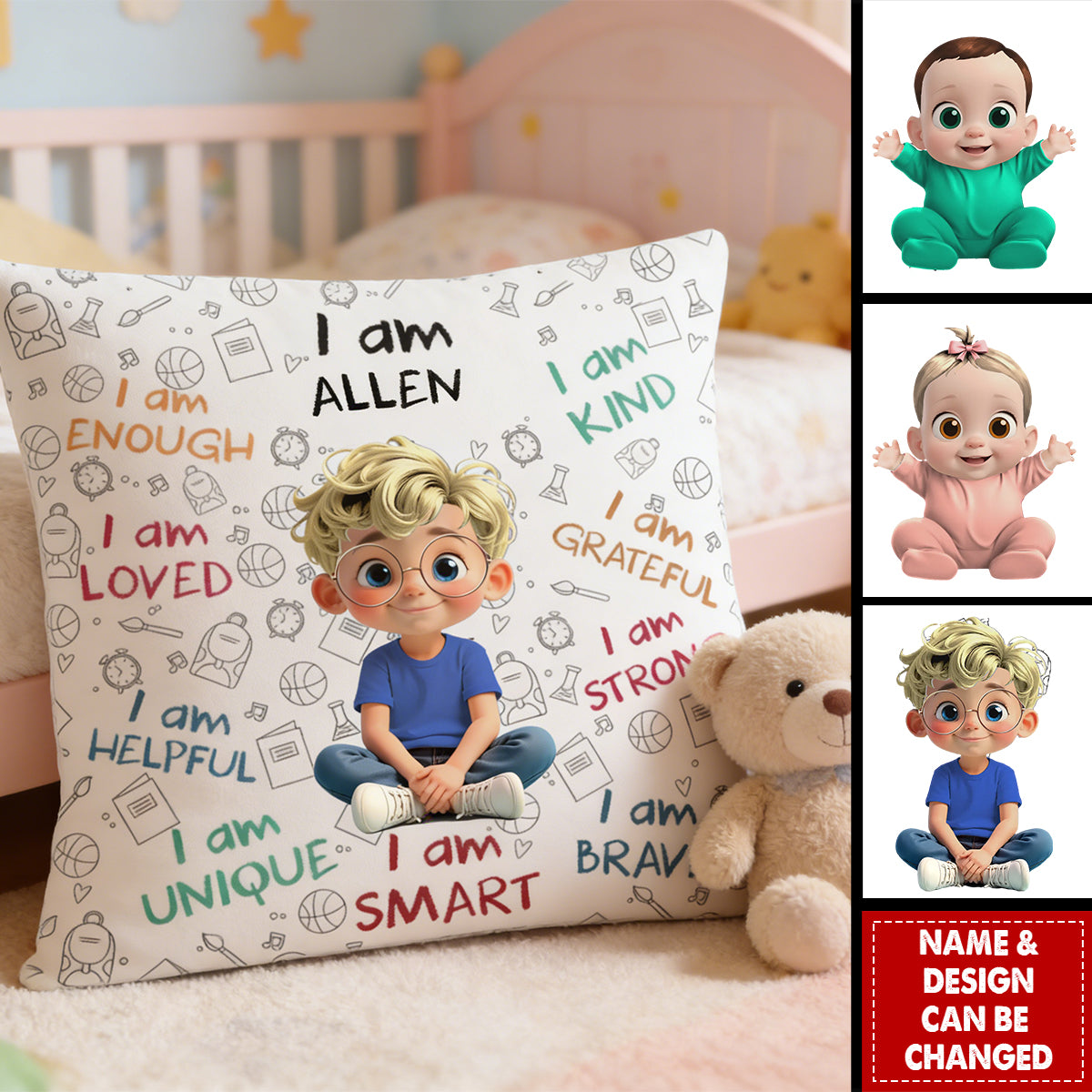 I Am Enough, Loved, Unique, Brave, Cartoon Girl - Personalized Custom Pillow