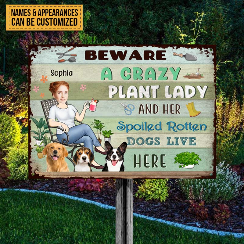 Lady And Her Spoiled Dogs In The Garden - Garden Sign - Personalized Custom Face Classic Metal Signs