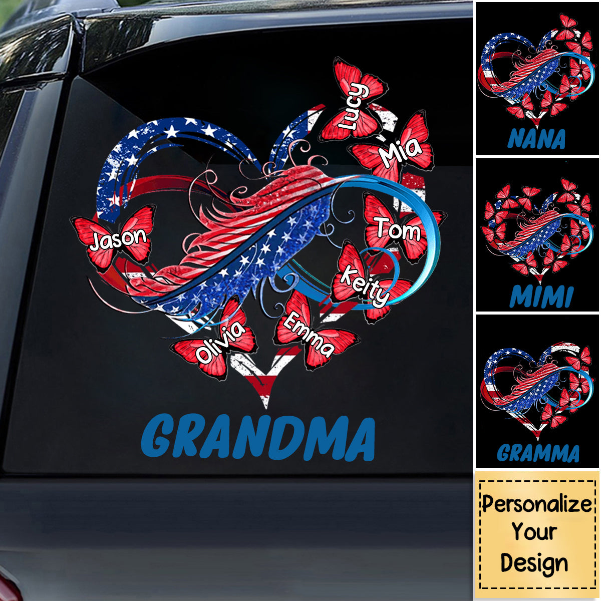 July 4th Independence Day Gift For Grandma Mom Nana Butterfly Heart Infinity Personalized Decal