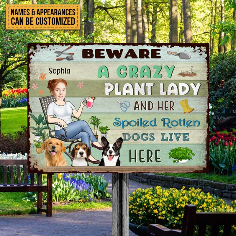 Lady And Her Spoiled Dogs In The Garden - Garden Sign - Personalized Custom Face Classic Metal Signs