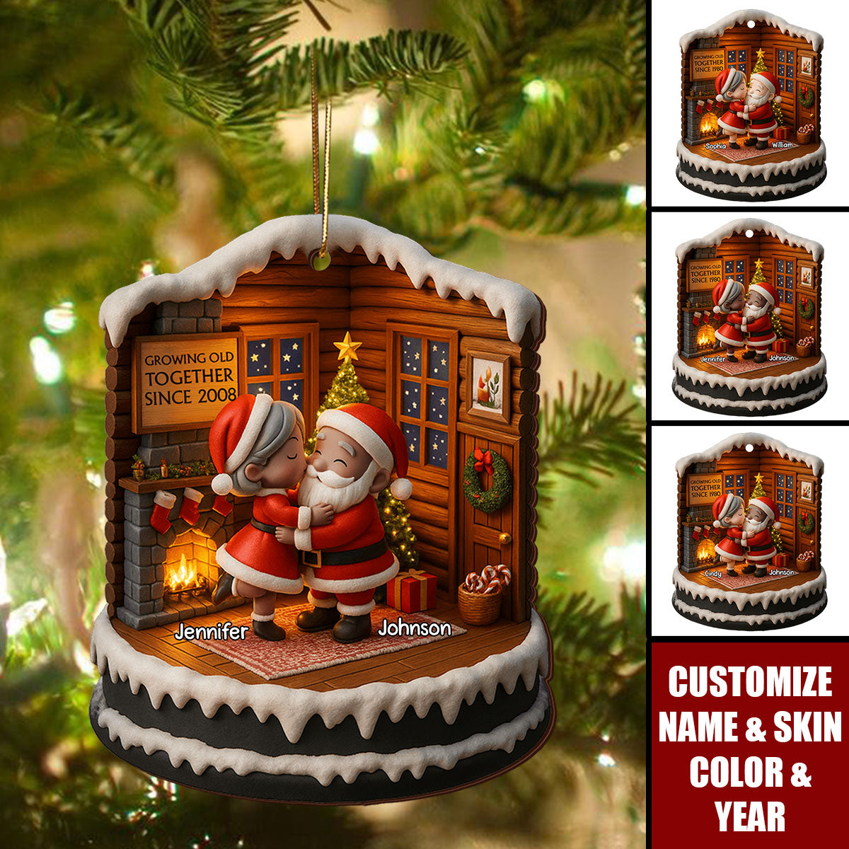 Growing Old Together Since, Santa Claus And Christmas Tree, Custom Wood Ornament, Gift For Couples And Grandparents