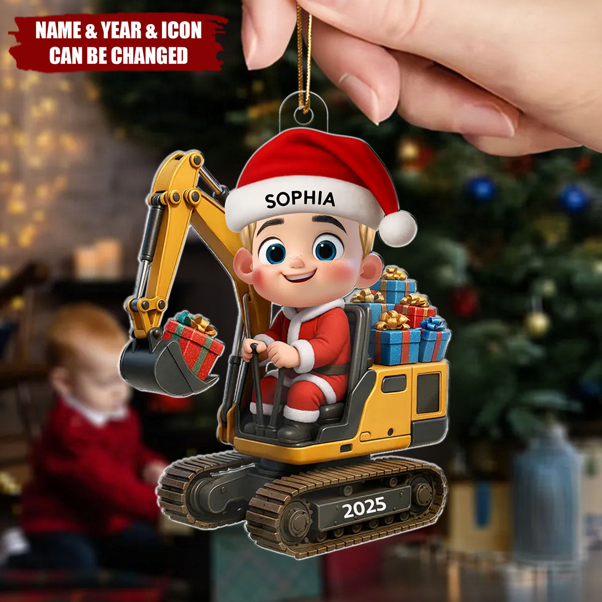 Cartoon Kid And Christmas Excavator Personalized Acrylic Ornament, Christmas Gift For Grandkids, Kids