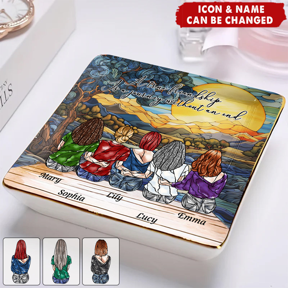 A True Friendship Is A Journey Without An End Stained Glass Style - Personalized Jewelry Dish