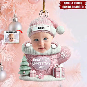 Baby In Mitten - Custom Photo Baby’s 1st Christmas Acrylic Ornament