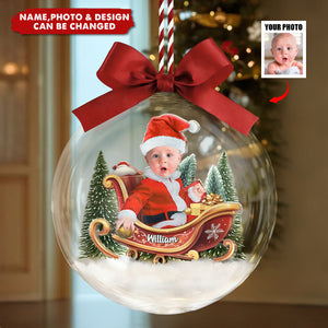 Custom Photo Baby And Kid In Sleigh  - Personalized Christmas Acrylic Ornament