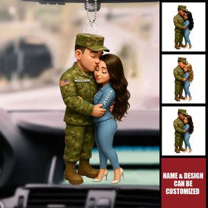 Army Hugging Couple - Personalized Acrylic Car Ornament, Gift For Couple, For Him, For Her
