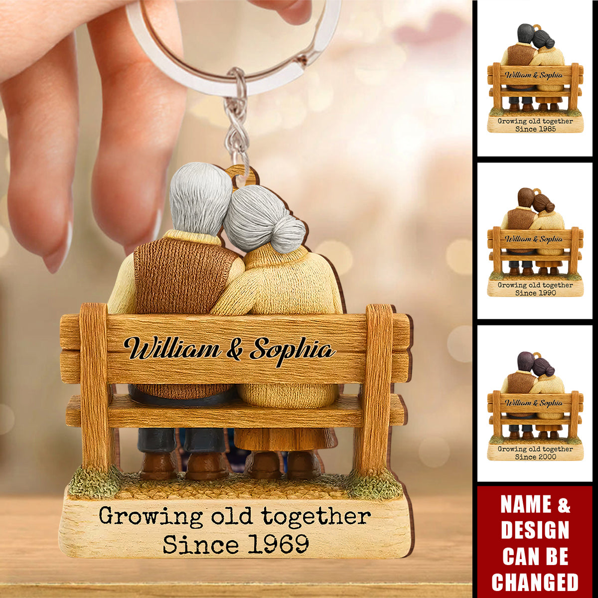 Growing Old Together Since, Loving Couple On Bench, Wooden Keychain, Gift For Couples