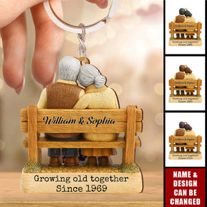 Growing Old Together Since, Loving Couple On Bench, Wooden Keychain, Gift For Couples