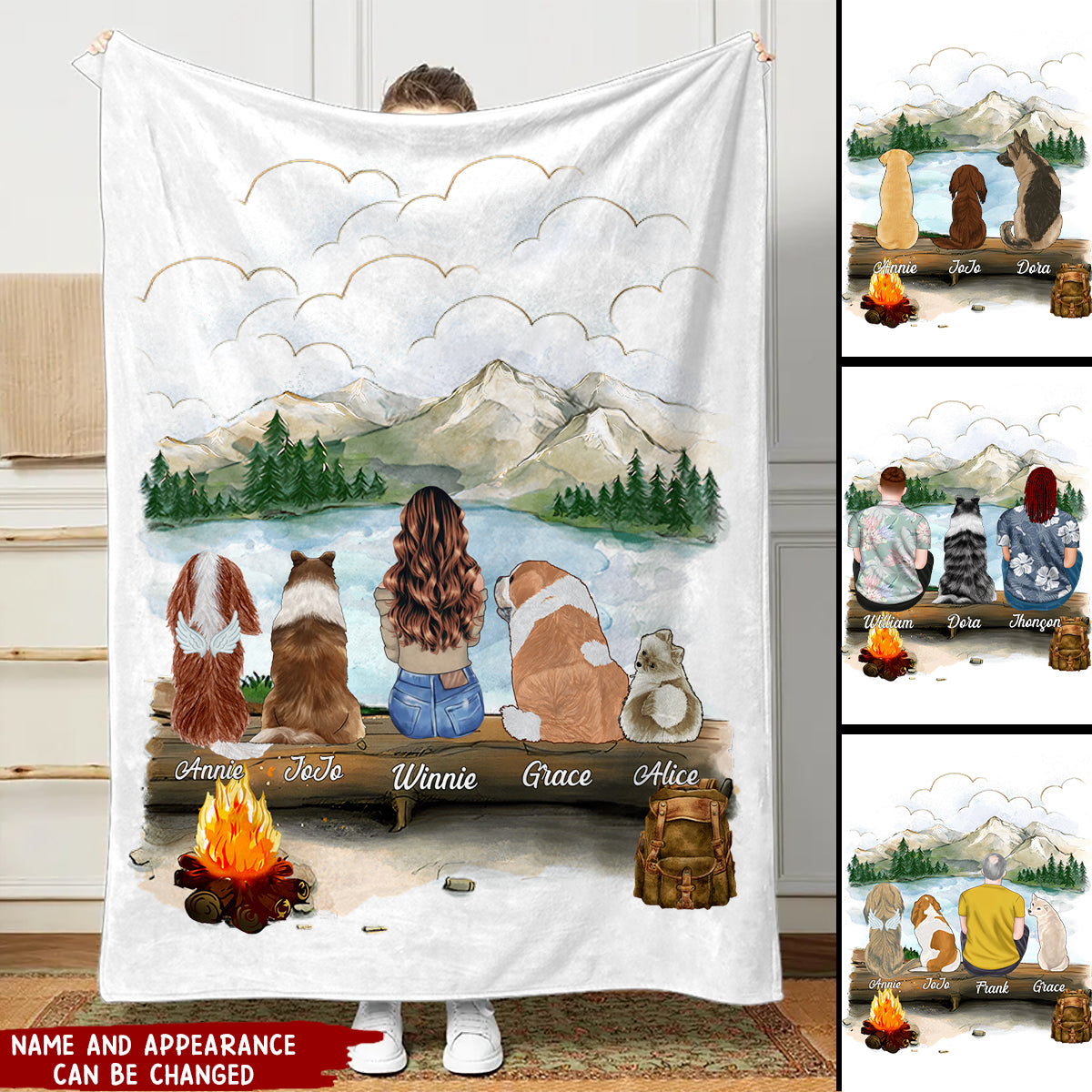 Hiking Mountain Dog And Couple - Personalized Fleece Blanket, Gift For Dog Lovers