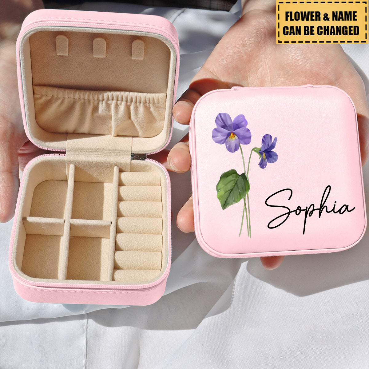 Custom Name Birth Flower Travel Jewelry Case, Personalized Jewelry Box, Travel Accessories, Christmas/Birthday Gifts for Bridesmaid /Mom/Wife