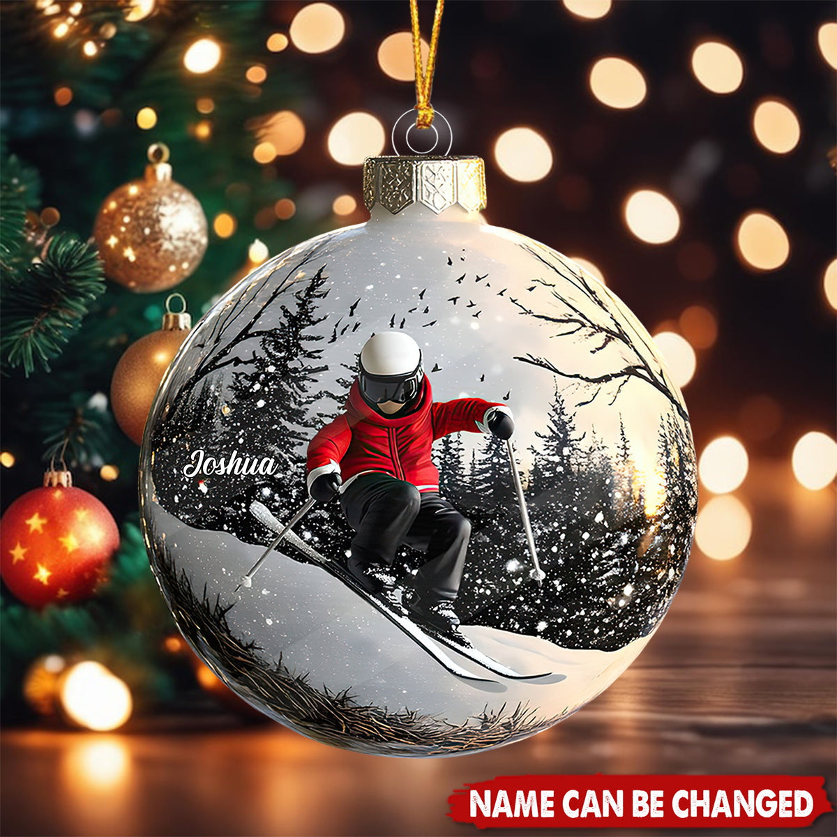 Bright White Snowy Funny Skiing  - Personalized Acrylic Flat Ornament