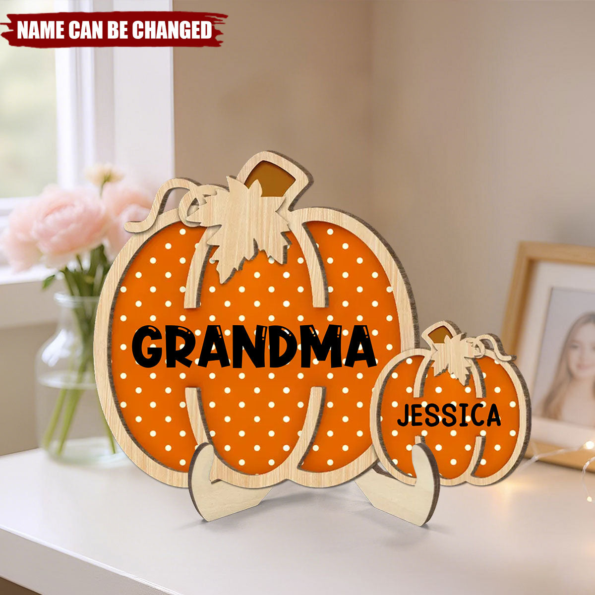 Fall Season Grandma Little Pumpkins Polka Dot Pattern - Personalized 2-Layer Standing Wooden Plaque