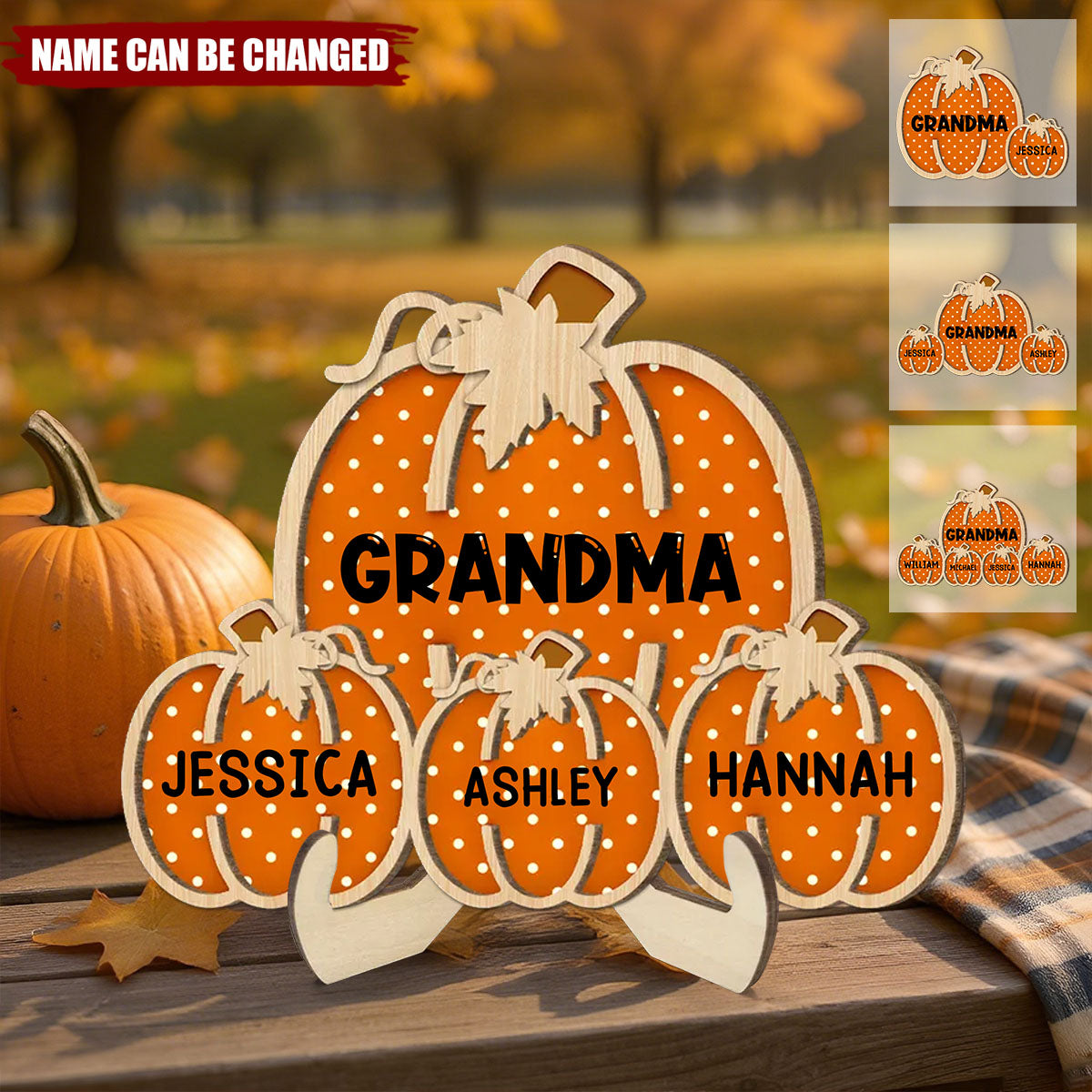 Fall Season Grandma Little Pumpkins Polka Dot Pattern - Personalized 2-Layer Standing Wooden Plaque