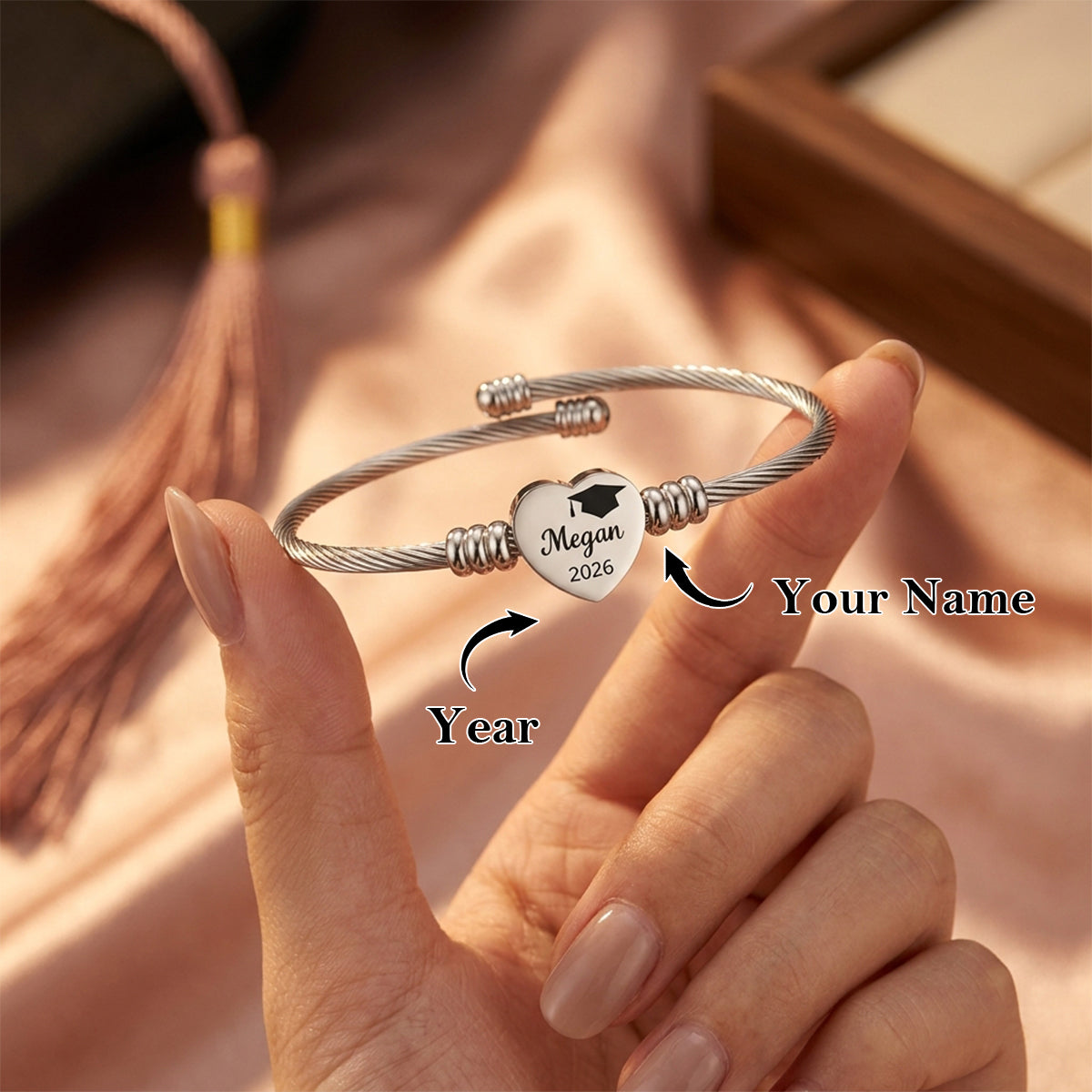 Personalized Graduation Bracelet 2026, Engraved Heart Charm Bracelet with Custom Name, Class of 2026 Graduation Gift for Her