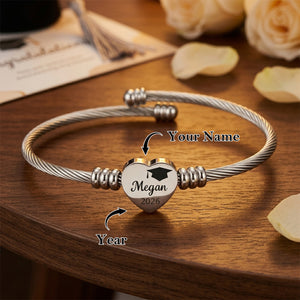 Personalized Graduation Bracelet 2026, Engraved Heart Charm Bracelet with Custom Name, Class of 2026 Graduation Gift for Her
