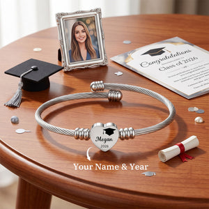 Personalized Graduation Bracelet 2026, Engraved Heart Charm Bracelet with Custom Name, Class of 2026 Graduation Gift for Her