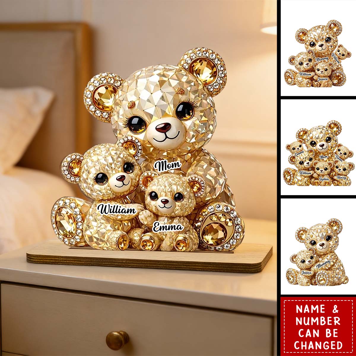 Mommy And Me Crystal Bear - Personalized Custom 2-Layer Wood Plaque With Flat Base