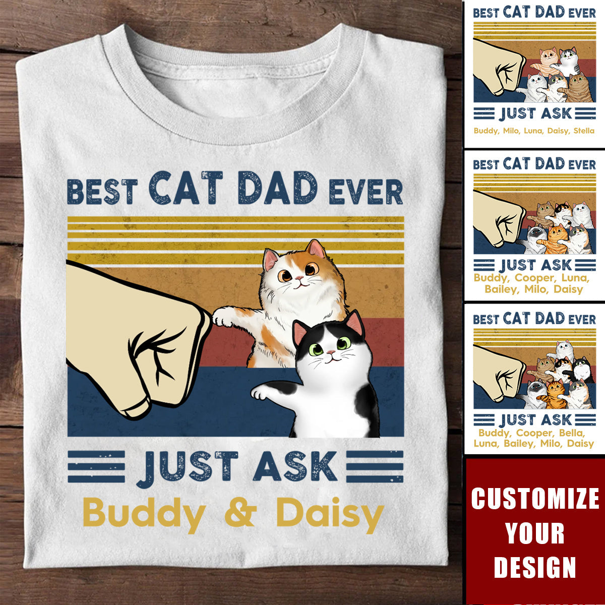 Father's Day 2025 Gift for Cat Dads - Personalized Cat Fist Bump T-Shirt