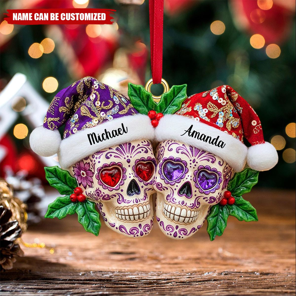 Christmas Dia de Los Muertos Skull Couple - Personalized Acrylic Ornament