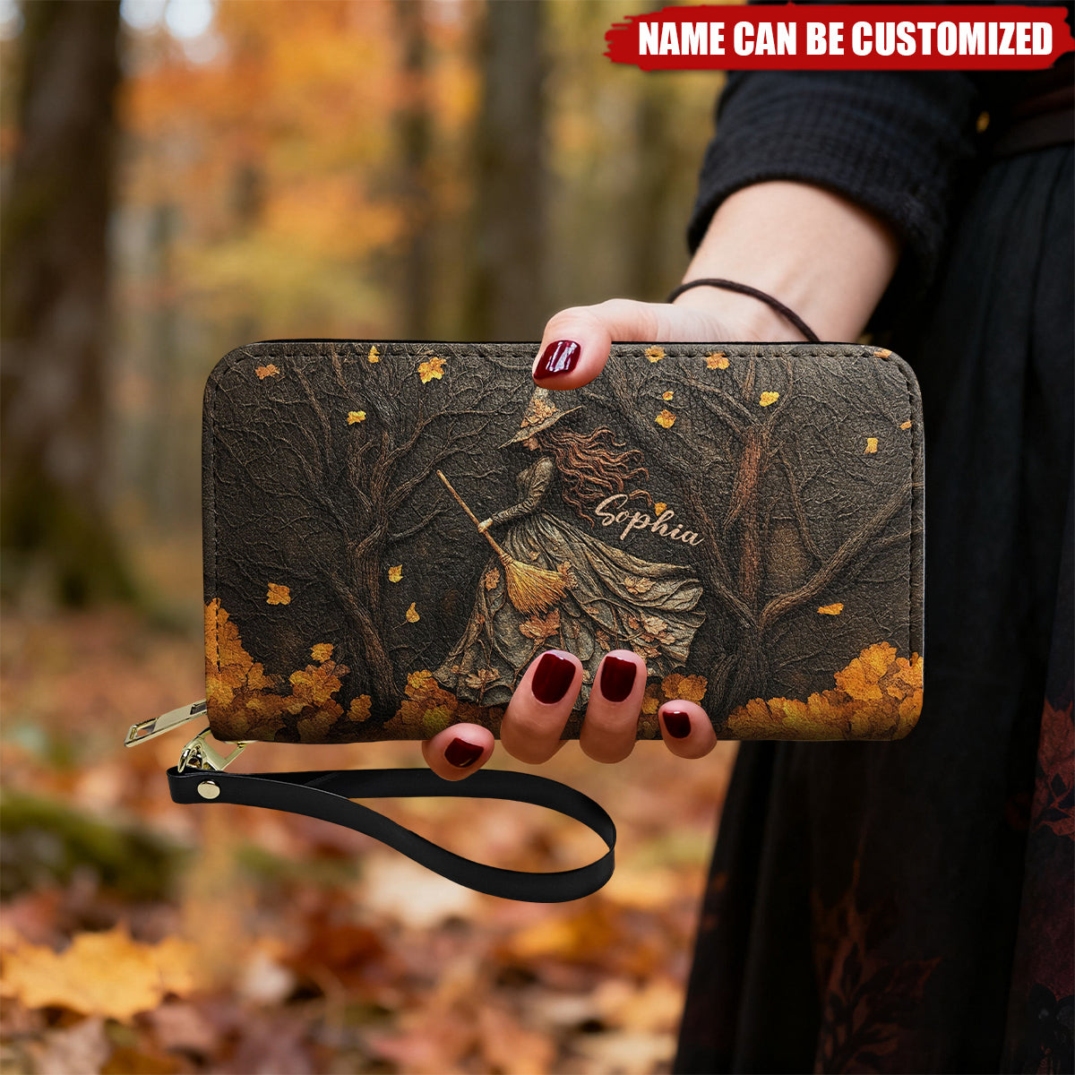 Spooky Witch Art Print - Personalized Leather Long Wallet