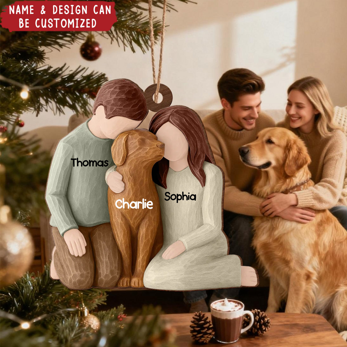 Couple And The Dogs 3D Effect - Personalized Wooden Ornament - Christmas Gift For Him, For Her