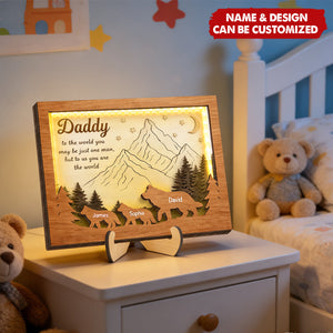 Daddy to Us You Are the World - Personalized 2-Layered Wooden Plaque LED Night Light - Sentimental Gift for Dad, Husband