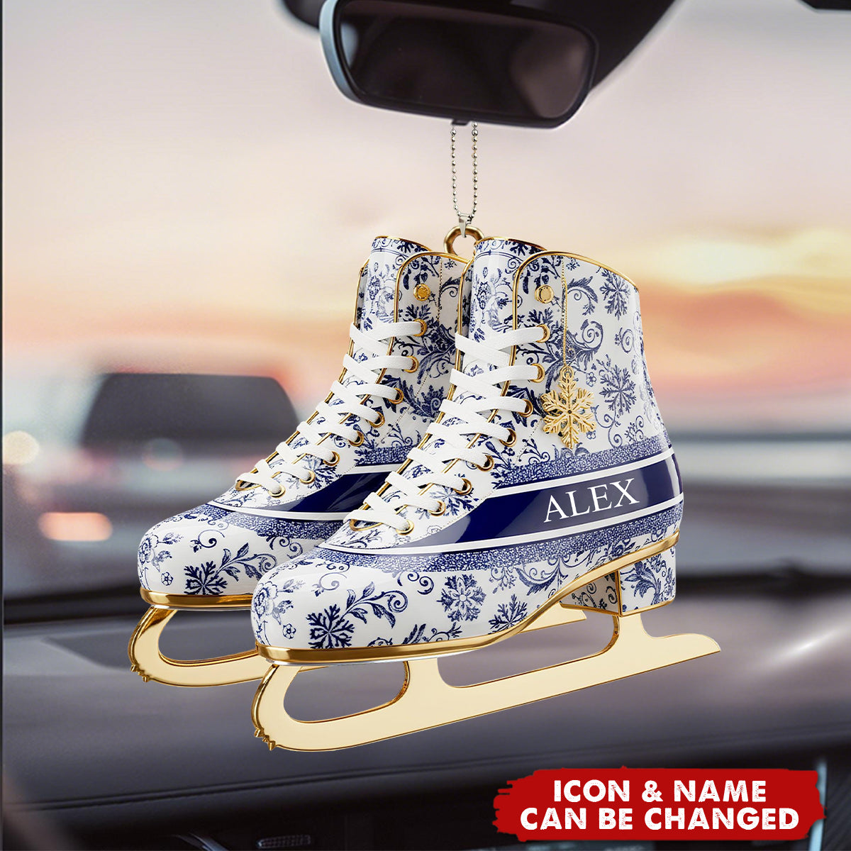 Personalized Winter Skating Toile de Jouy Car Ornament, Gifts For Ice Skating Lovers, Winter Skating Decor