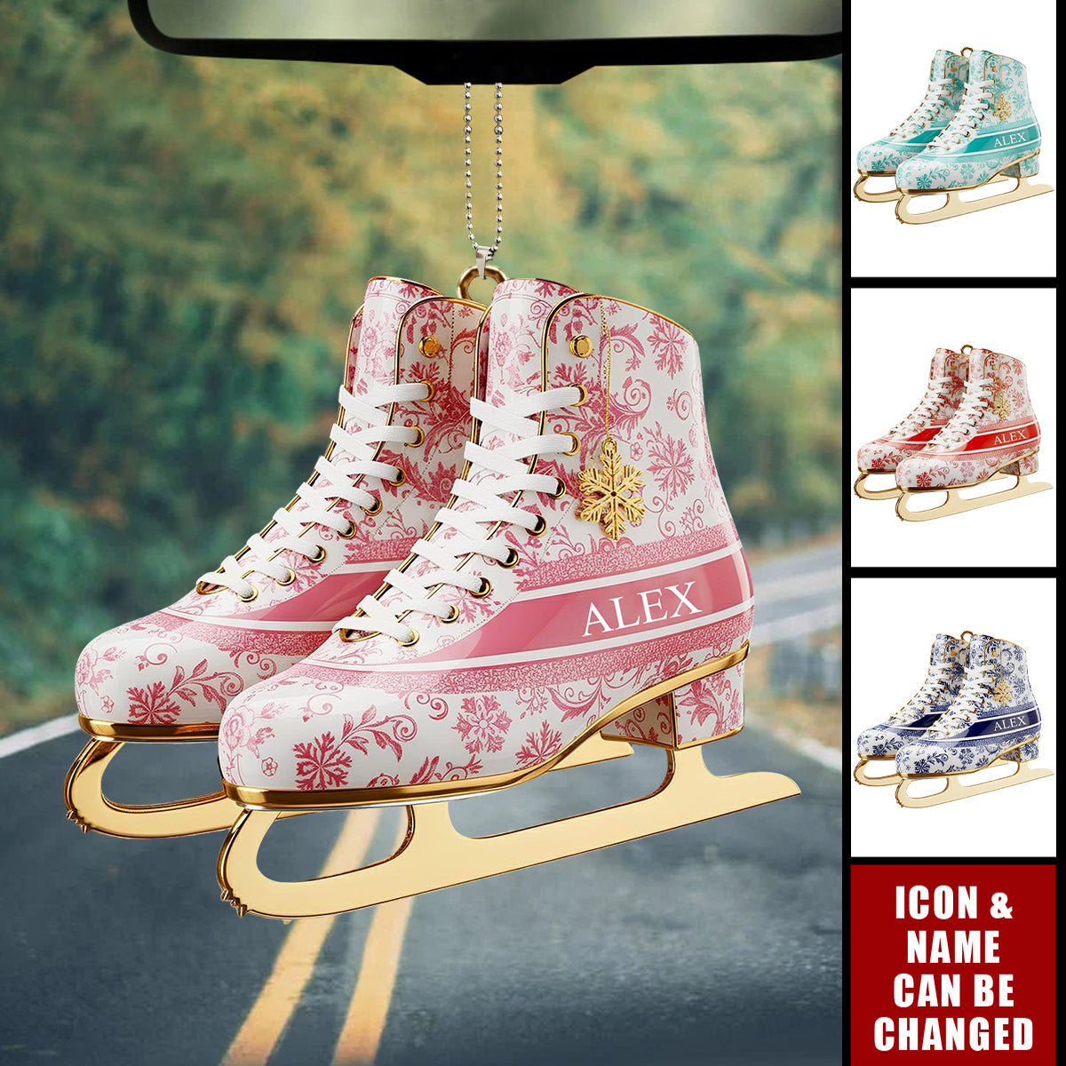 Personalized Winter Skating Toile de Jouy Car Ornament, Gifts For Ice Skating Lovers, Winter Skating Decor
