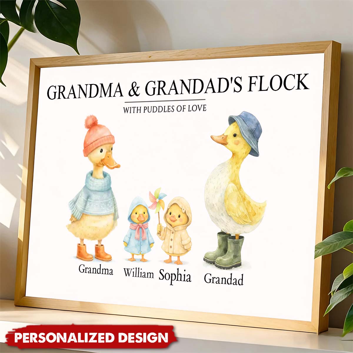 Grandparents Grandma Grandad's Flock with Puddles of Love - Personalised Poster - Gift for Grandma