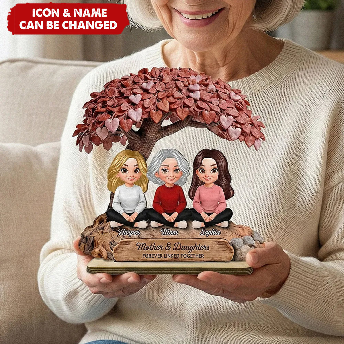 Mom And Daughter Son Under Heart Tree - Personalized 2-Layered Wooden Plaque - Mother's Day Gift For Mom