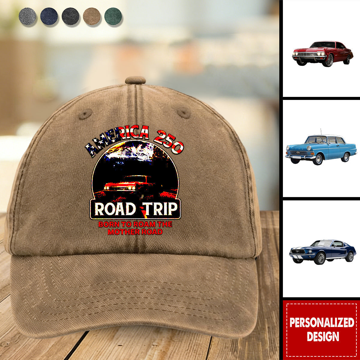 Custom Car Photo America 250 Route 66 Road Trip - Personalized Distressed Denim Cap