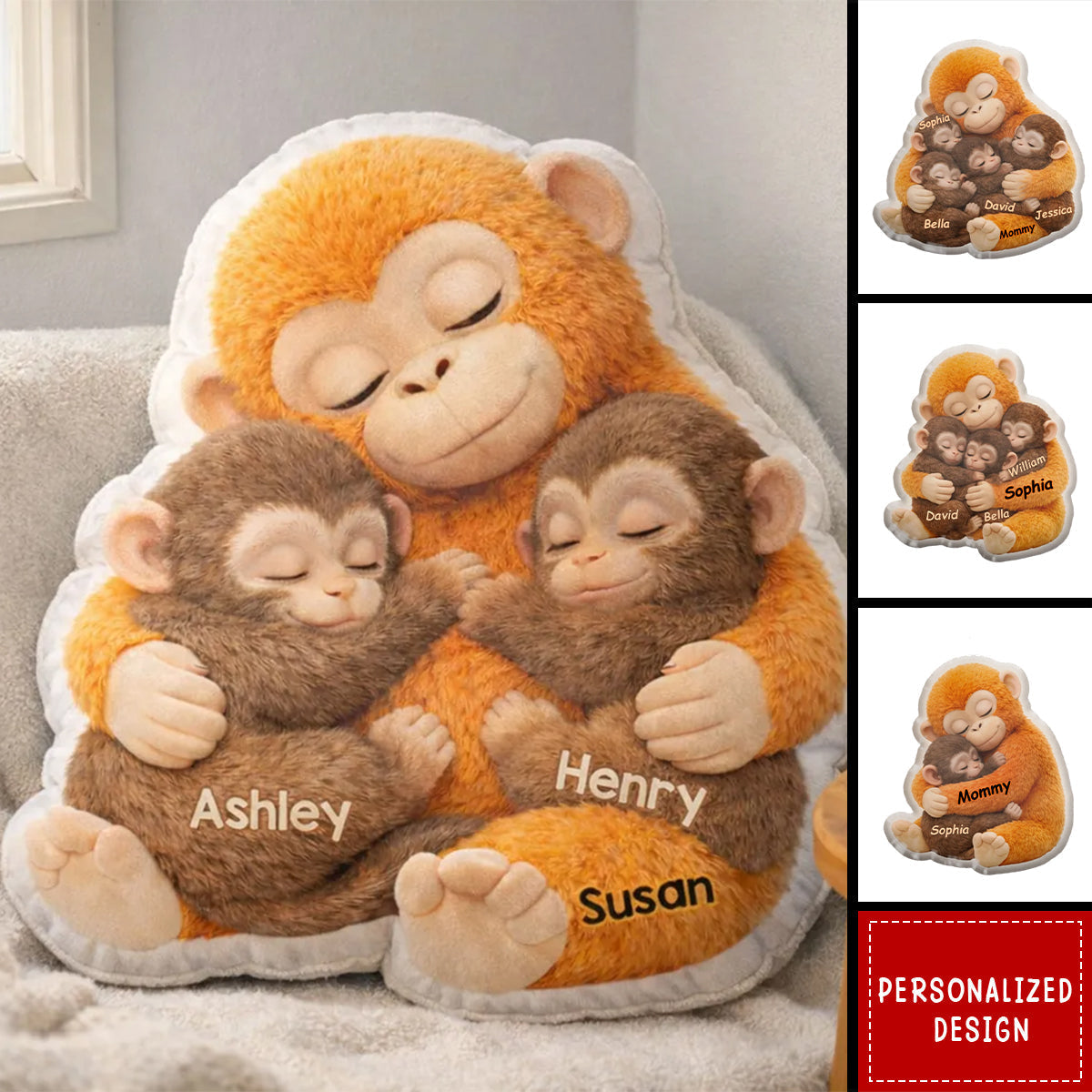 Mother Monkey & Children, Baby - Personalized Faux Fur Custom Shaped Pillow - Heartfelt Mother's Day Gift for Mom, Wife
