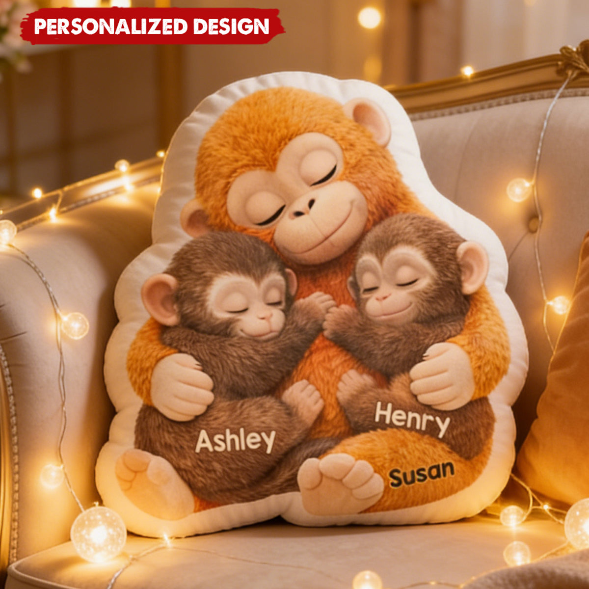 Mother Monkey & Children, Baby - Personalized Faux Fur Custom Shaped Pillow - Heartfelt Mother's Day Gift for Mom, Wife