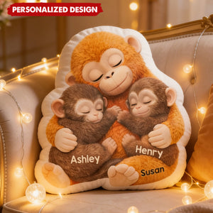 Mother Monkey & Children, Baby - Personalized Faux Fur Custom Shaped Pillow - Heartfelt Mother's Day Gift for Mom, Wife