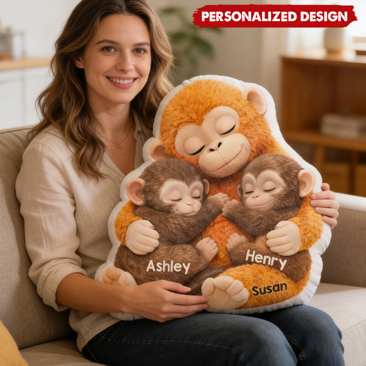 Mother Monkey & Children, Baby - Personalized Faux Fur Custom Shaped Pillow - Heartfelt Mother's Day Gift for Mom, Wife