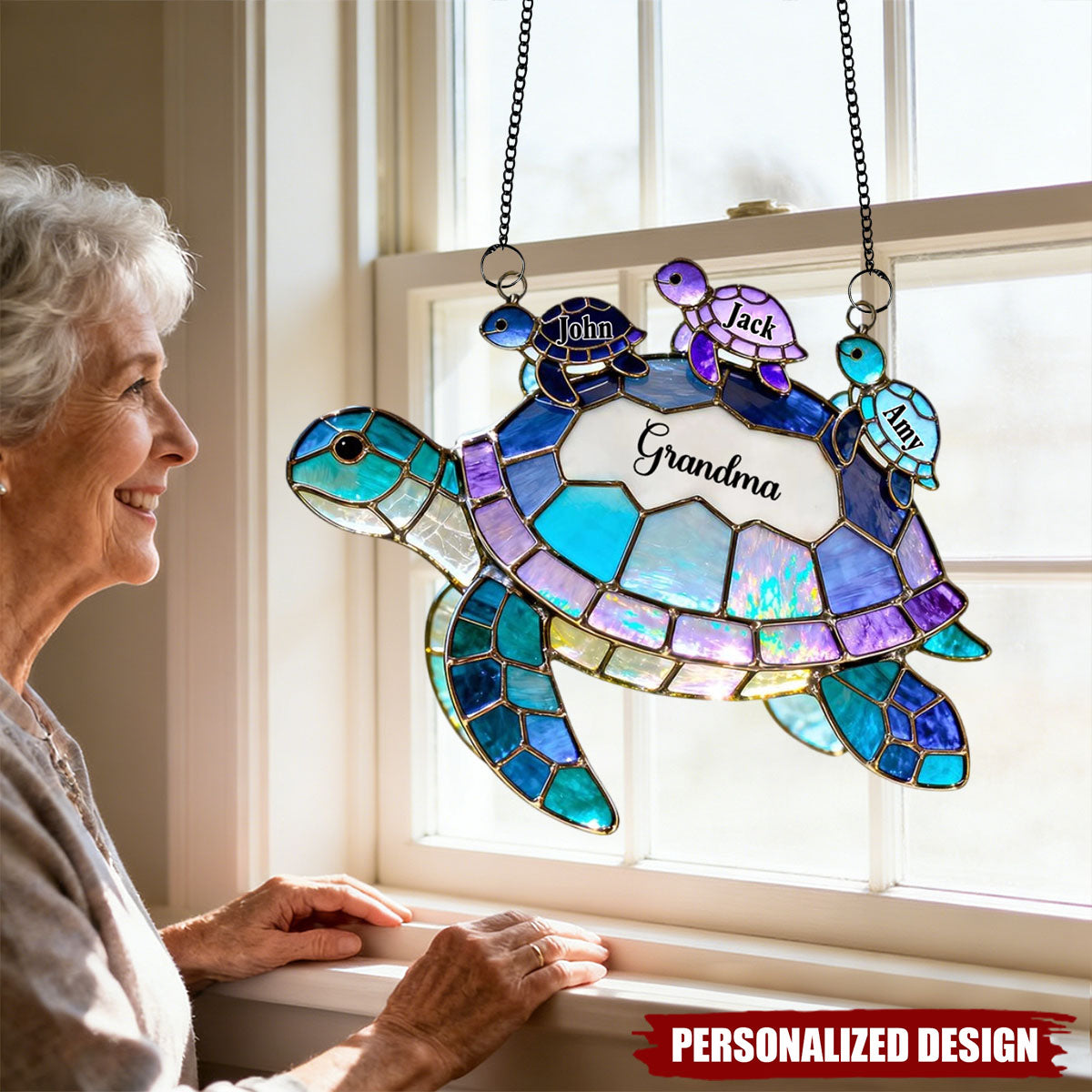 Grandma Mom Turtle Suncatcher Ornament - Personalized Window Hanging Suncatcher Ornament