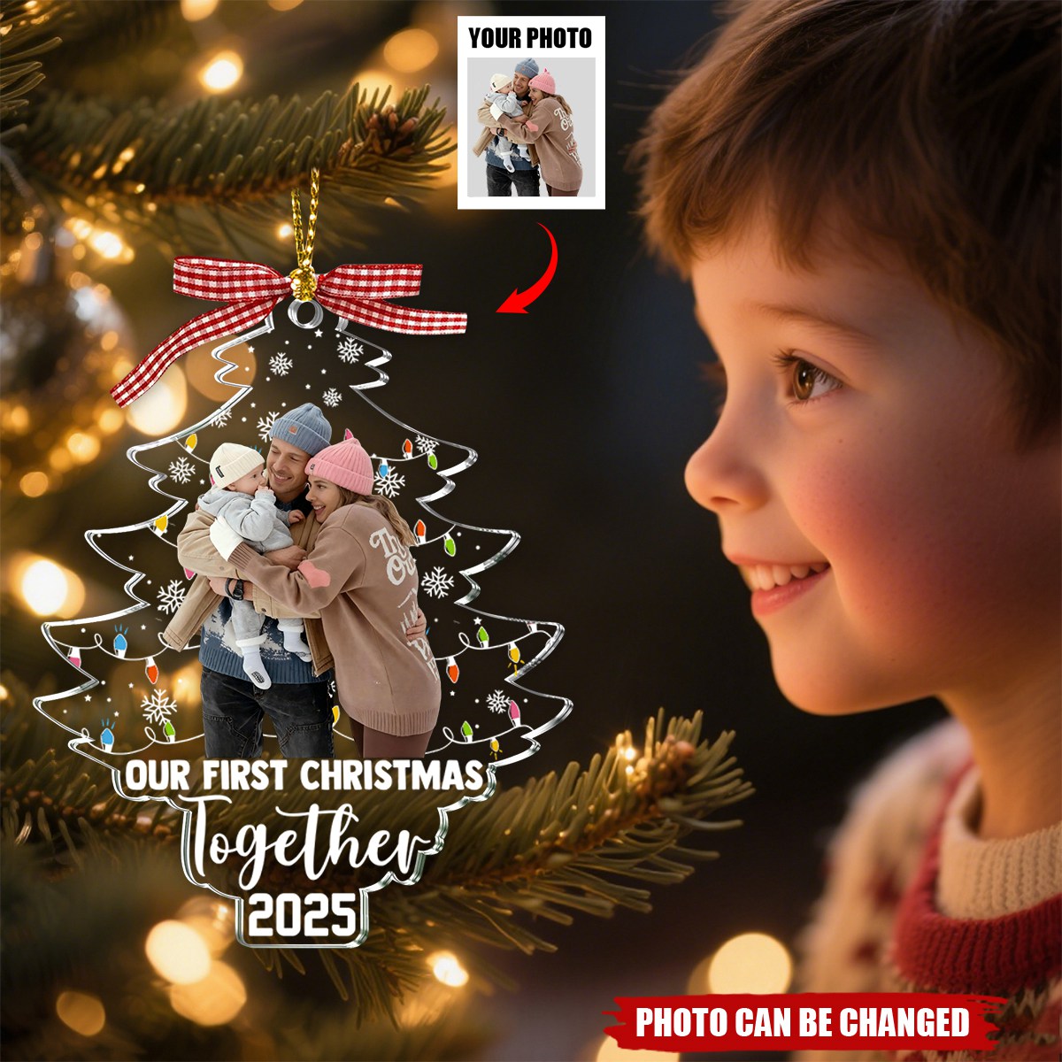 Our First Christmas Together 2025 - Personalized Family Photo Acrylic Ornaments