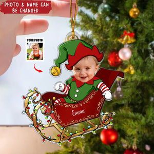 Custom Face Adorable Baby With Santa Sleigh - Acrylic Photo Ornament